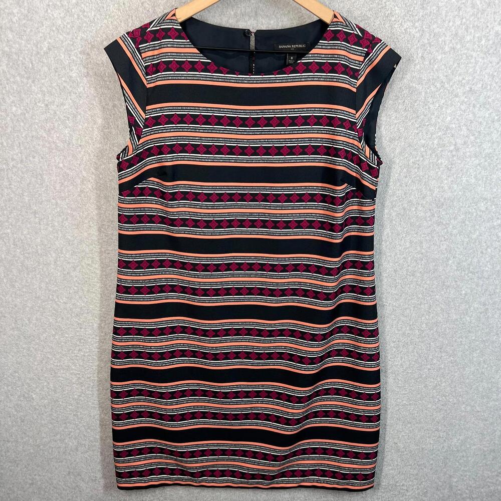 Banana Republic Dress Womens 8‎ Striped Sleeveless Sheath Red Black Lined EUC